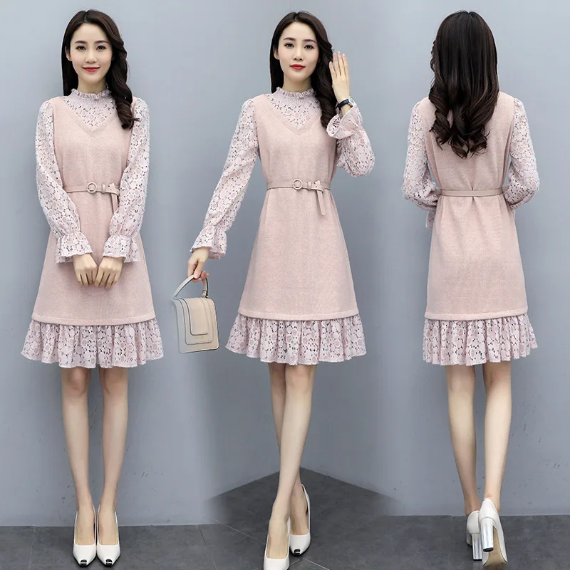 

2020 Spring Ol White Collar Elegant Mink Cashmere Lace Splicing Dress
