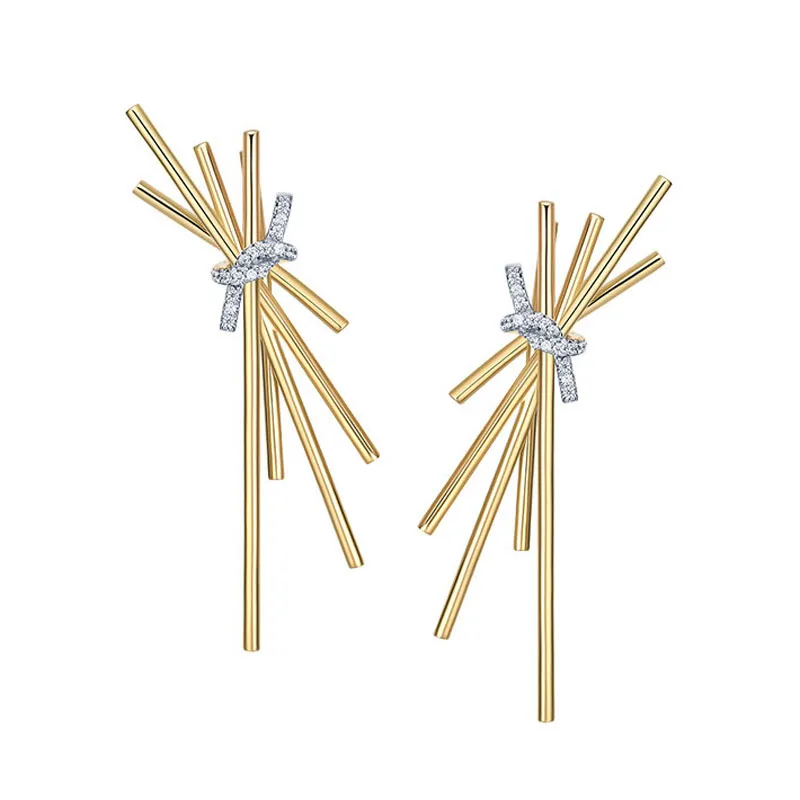 

Fashion 925 Sterling Silver Gold Color Italian Pasta Design Earrings Micro Cubic Zirconia Spaghetti Earrings for Women