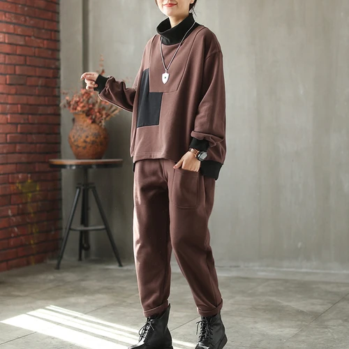 brown set women Женский костюм из двух частей, повседневный свободный хлопковый женский костюм, штаны с эластичной талией+ футболка с круглым вырезом, Женский комплект, повседневный спортивный костюм для женщин - Цвет: brown set women