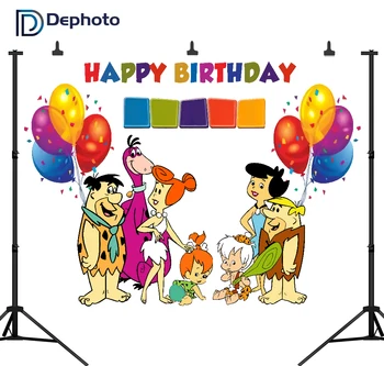 

DePhoto Photography Backdrop Cartoon Characters Flintstones Birthday Party Baby Colorful Balloon Photo Backdgrounds for Studio