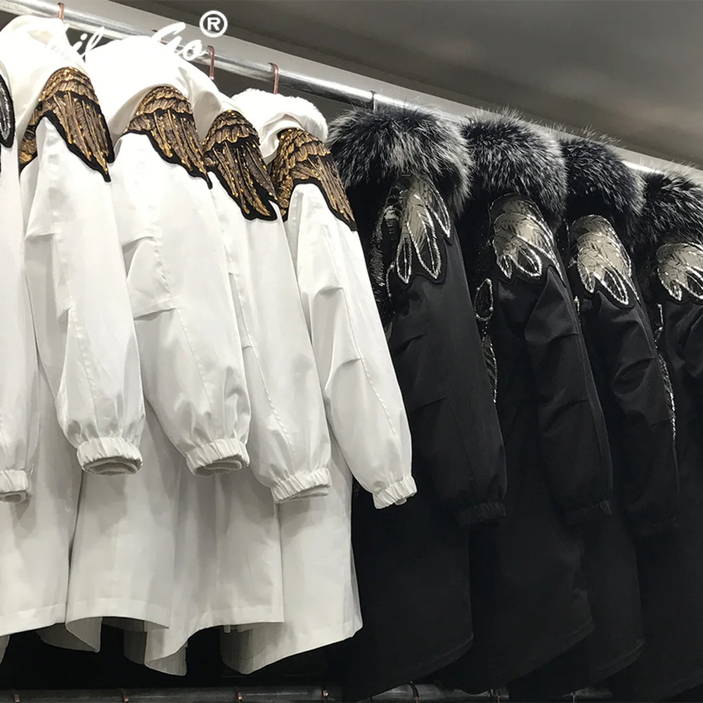 Меховые парки с принтом Highstreet, с воротником из меха енота, с капюшоном, с вышивкой в виде орла, с подкладкой из меха кролика, пальто для женщин, зимняя повседневная верхняя одежда