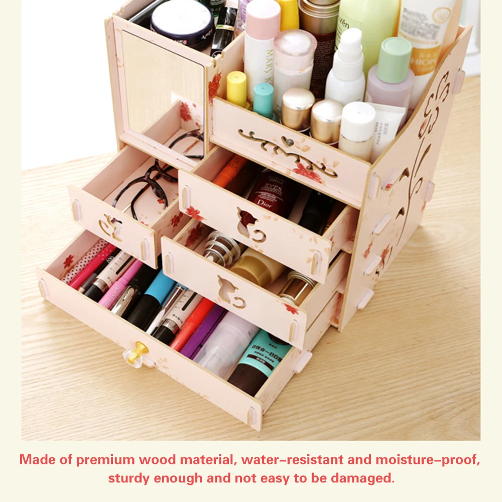 Коробка для хранения настольный органайзер для макияжа в сборе деревянная косметическая коробка для хранения емкость контейнер для ювелирных изделий Органайзер с зеркалом