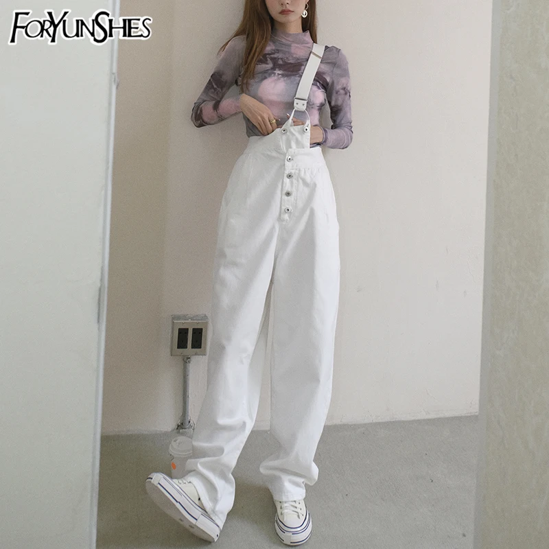 

Women Fashion One-Shoulder Loose Jeans Plus Size Overalls High Waist Wide Leg Straight Minimalist Casual White Denim Pants 2020