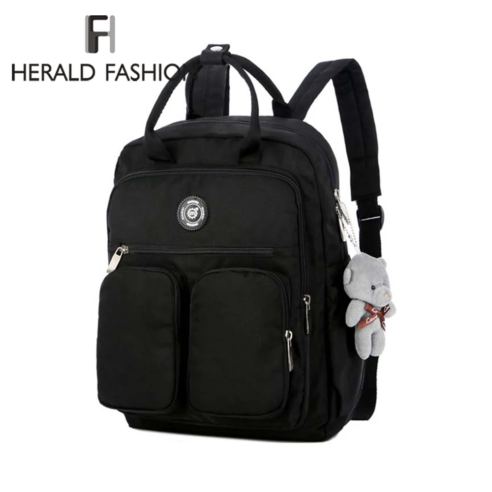 

Herald Fashion Woman Bear Pendant Backpack Waterproof Multi-pocket Nylon Bag Soft Handle Solid Traveling School Bags For Girls