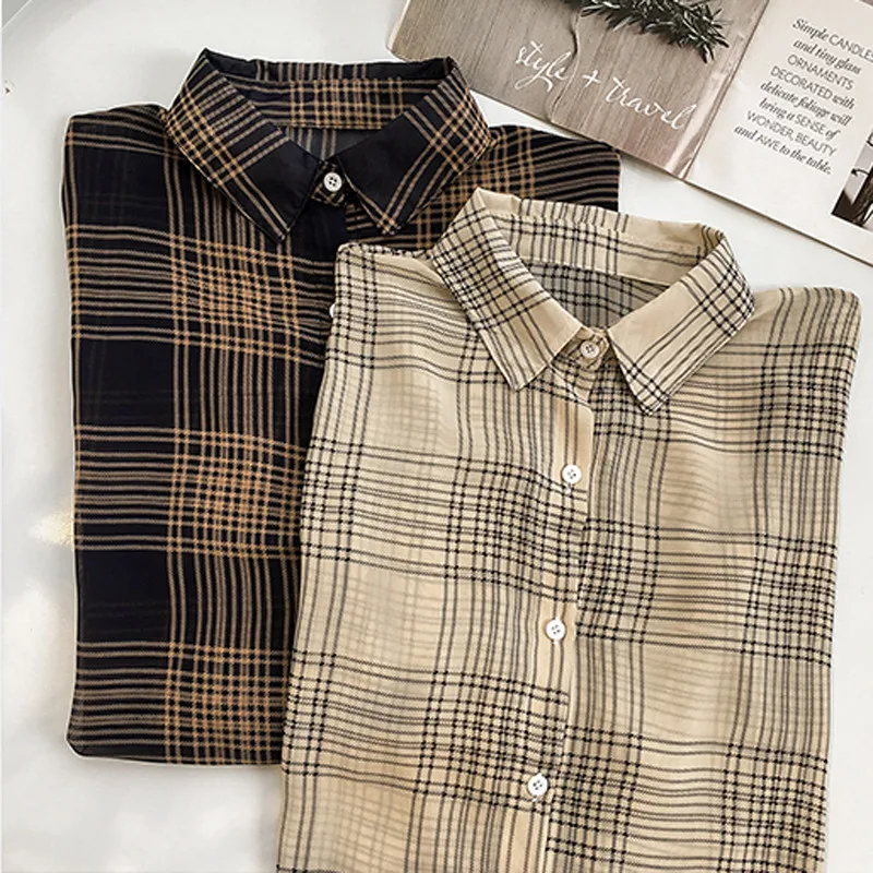 Korean Women Plaid Blouse Long Sleeve Loose Top Shirt OL Ladies Casual Shirt Summer Tops Plus Size Tops Women Clothes Korean Women Plaid Blouse Long Sleeve Loose Top Shirt OL Ladies Casual Shirt Summer Tops Plus Size Tops Women Clothes