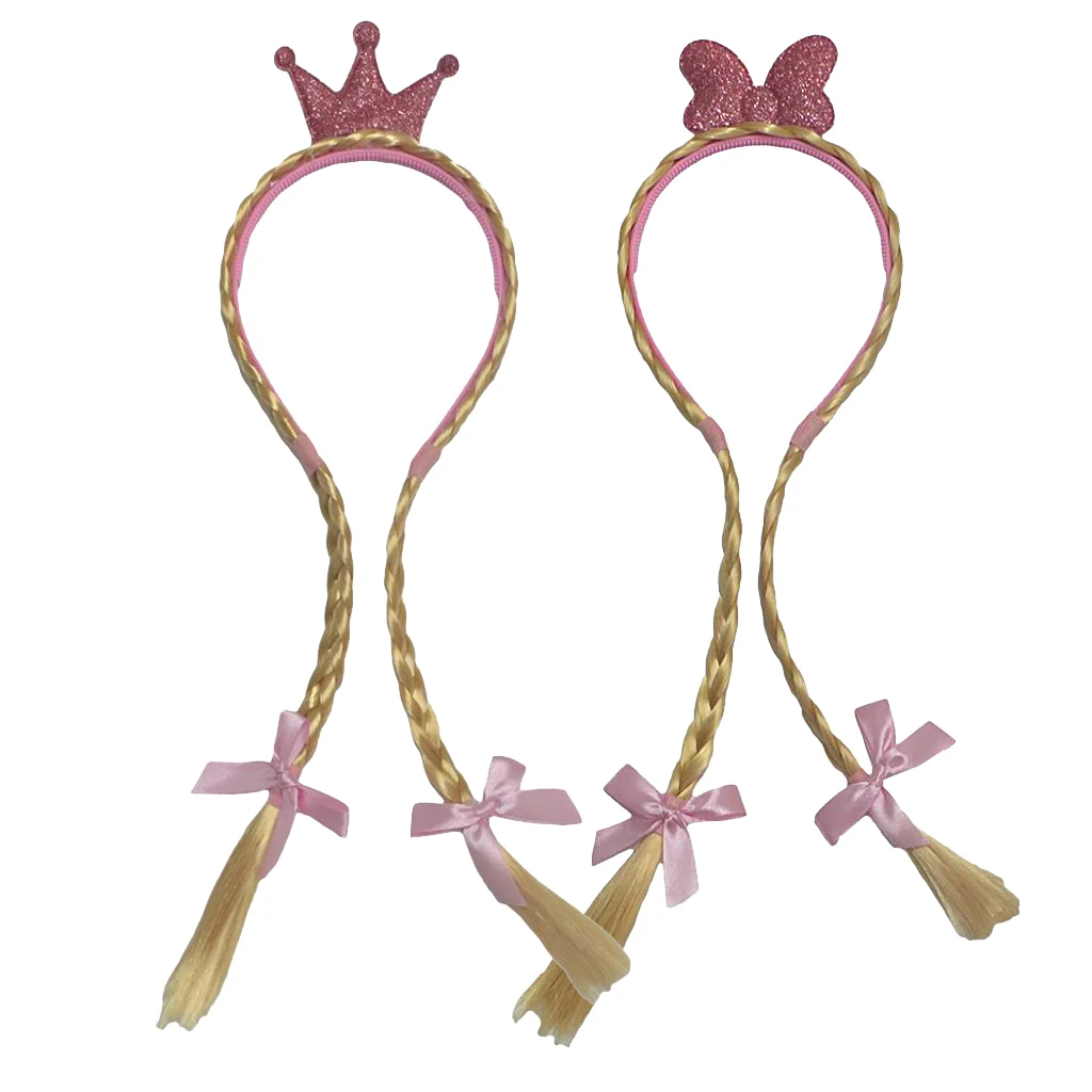 Kids Girls Princess Crown Bow Double Wig Hair Braided Hair Band Bow Headband