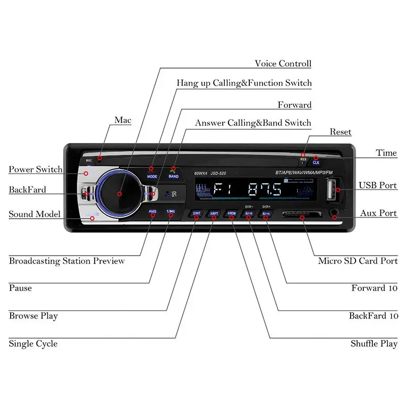 1 Din автомагнитола 12 в MP3 музыкальный плеер Автомобильный стерео USB Bluetooth Aux вход TF карта Авторадио автомобильный