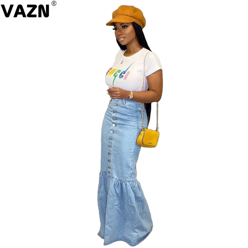 VAZN BN9212 Топ дизайн Осенняя Сексуальная женская светло-голубая длинная джинсовая юбка много биттонов летит Высокая талия оборки юбка турмпет юбки