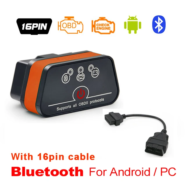 Vgate iCar2 ELM327 obd2 Bluetooth сканер elm 327 Wi-Fi диагностический инструмент для android/PC/IOS считыватель кодов+ 16-контактный удлинитель - Цвет: Orange  BT cable