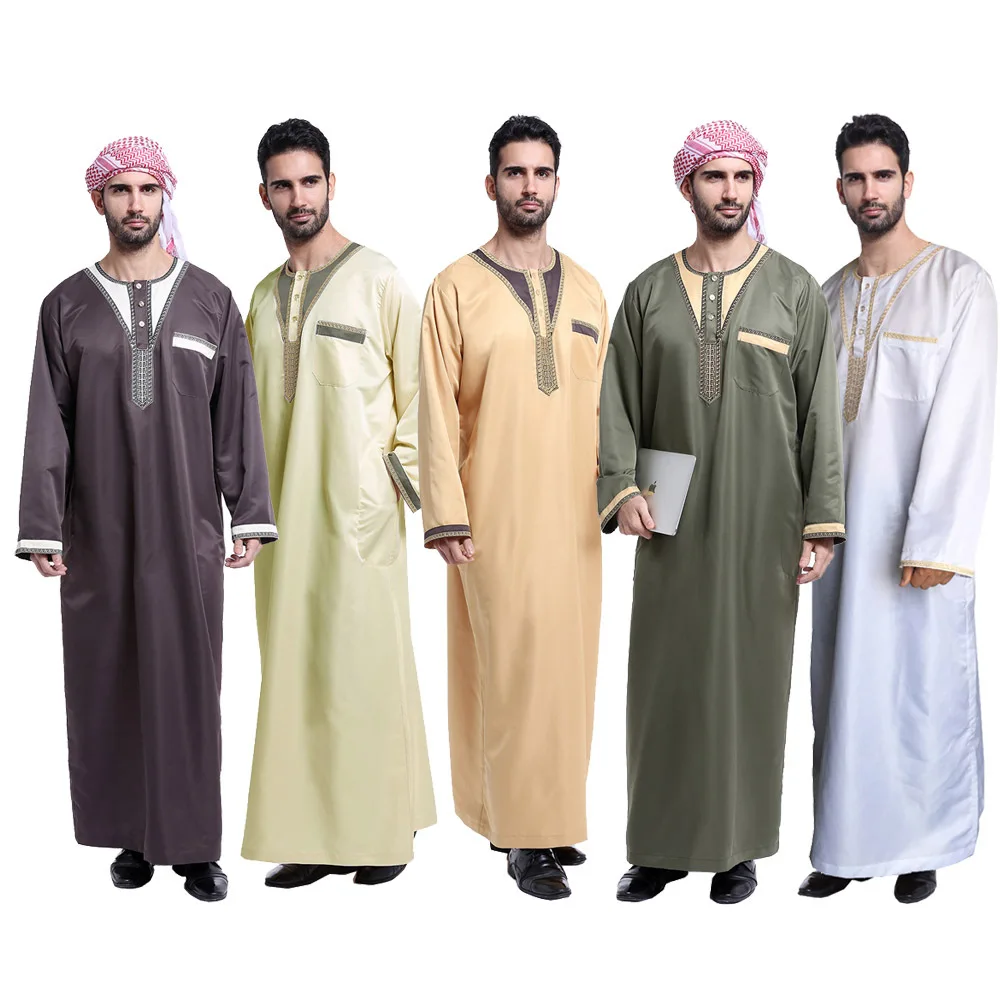 

Muslim Dress Arab Middle Eastern Men's Round Neck Button Long Sleeve Robe Abaya Arabic Saudi Arabia Men Clothing Kaftan