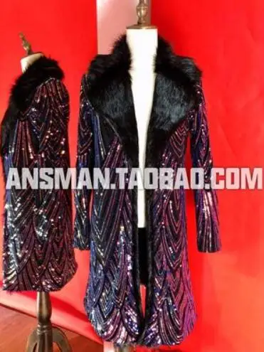 S-5XL Новая мужская одежда певица Мода DS GD Ослепительная вышивка имитация лисьего меха воротник длинное пальто плюс размер сценические костюмы