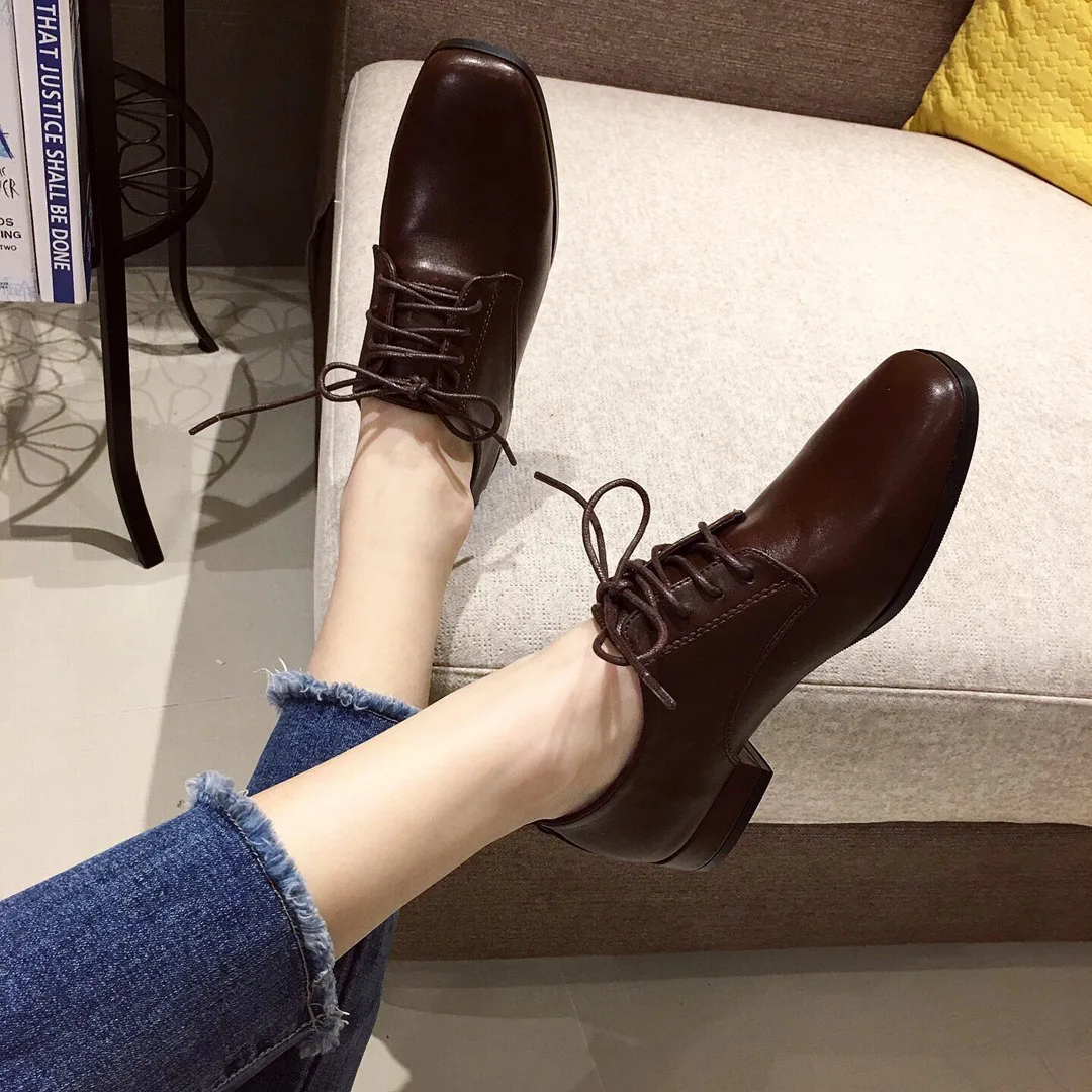 

British-Style Square Head Loafers Low Heel 2019 Autumn And Winter New Style Chunky-Heel WOMEN'S Thin Shoes Lace-up Small Leather