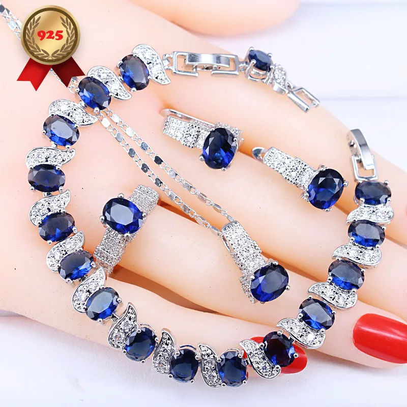 

Bridal Sliver 925 Costume Jewelry Sets For Women Bracelets/Necklace/Pendant/Hoop Earrings/Rings Wedding Set With Blue Stones