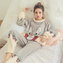 Winter Flannel Pajamas for Women Rabbit Cartoon Pyjamas Warm Pijama Coral Velvet Sleepwear Pants Pink Loungewear Femme Nighty