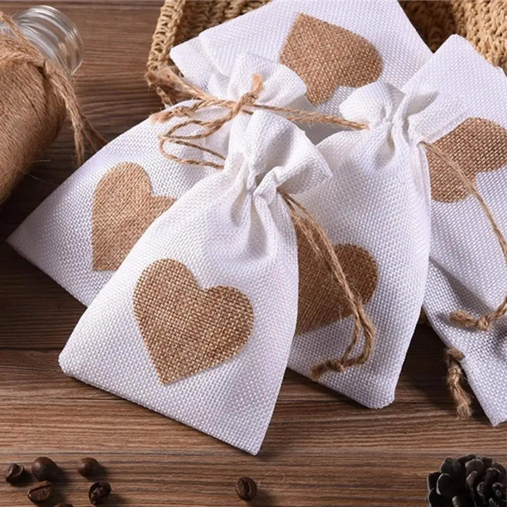 

12Pcs Heart Pattern Linen Drawstring Gift Candy Bag Party Jewelry Storage Pouch hot