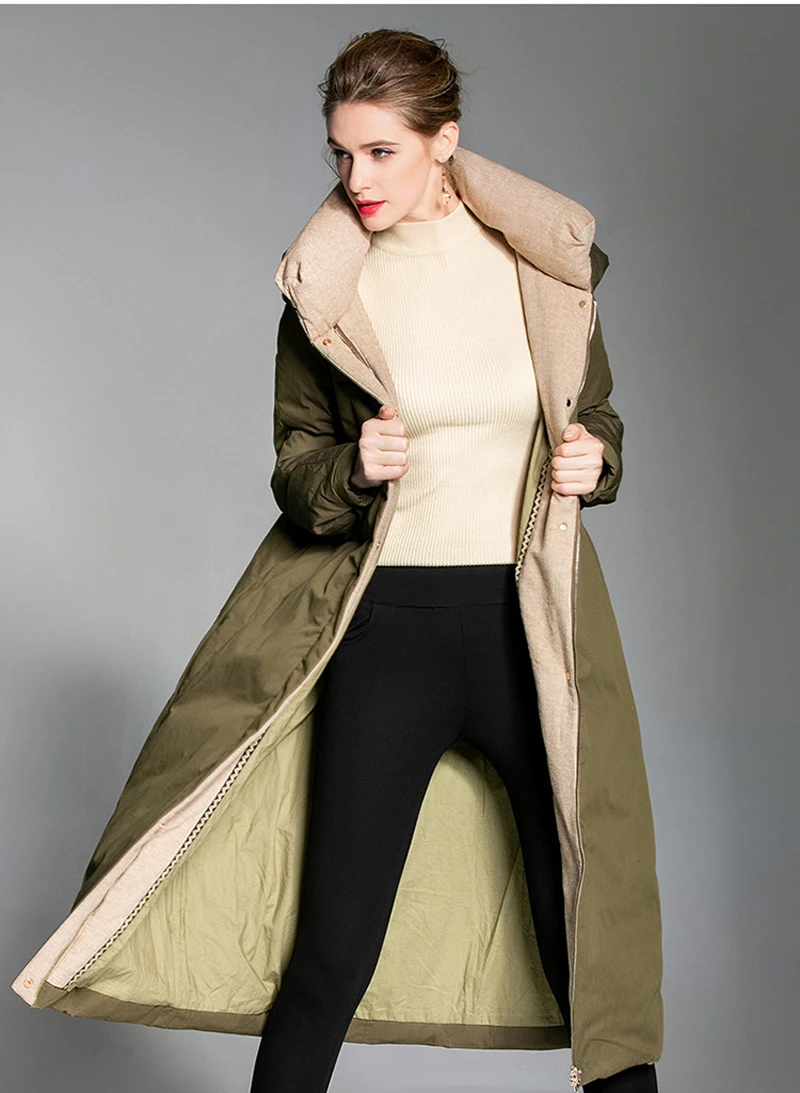 Elifashion популярная Длинная женская куртка на утином пуху, Двухсторонний пуховик контрастного цвета с капюшоном, толстый пуховик для женщин