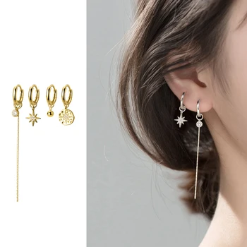 

Mocanie New Design 925 Sterling Silver Beads Round Coin Star Zircon Asymmetry Hoop Earring for Women 2 Style Fine Jewelry Bijoux