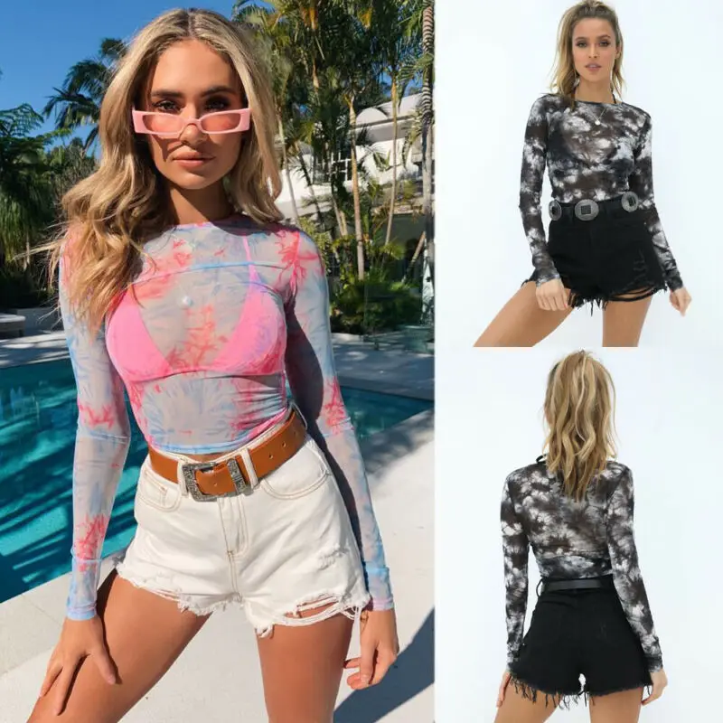 

hirigin Sexy Perspective Floral Printed Long Sleeve Women Solid Lace Slim Fit Tops Evening Party Tank Vest Clothes