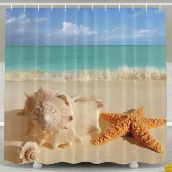 

Shower Curtain,Seashell Ocean Starfish Design Polyester Waterproof Fabric with 12 Rust Proof Hooks,72 X 72 Inches