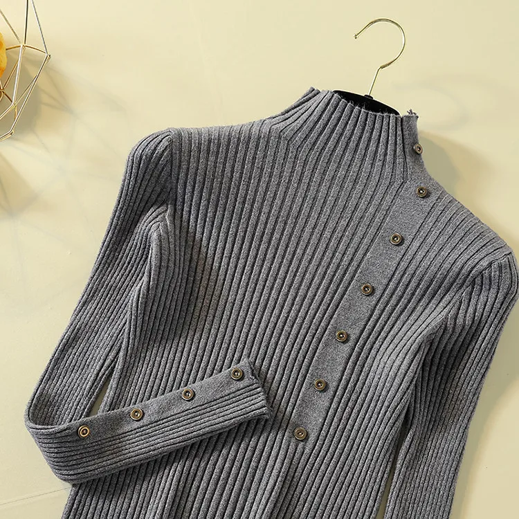 Fashion Turtleneck Sweater Women Long Sleeve Button Decoration Slim Women Pullover Sweater 2019 Autumn Winter Female Jumpers (34)