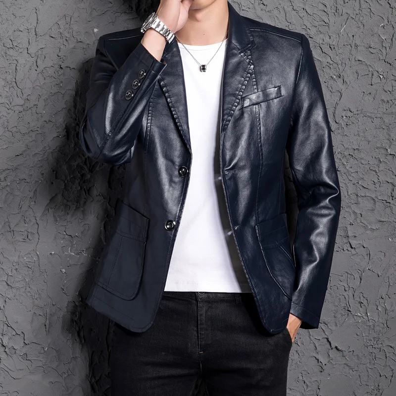 2019 Autumn Black Blue Yellow Red Leather Blazer Men Slim Fit Korean Fashion Mens Dress Jacket Hombre Faux Leather Jackets Coats 2019 Autumn Black Blue Yellow Red Leather Blazer Men Slim Fit Korean Fashion Mens Dress Jacket Hombre Faux Leather Jackets Coats