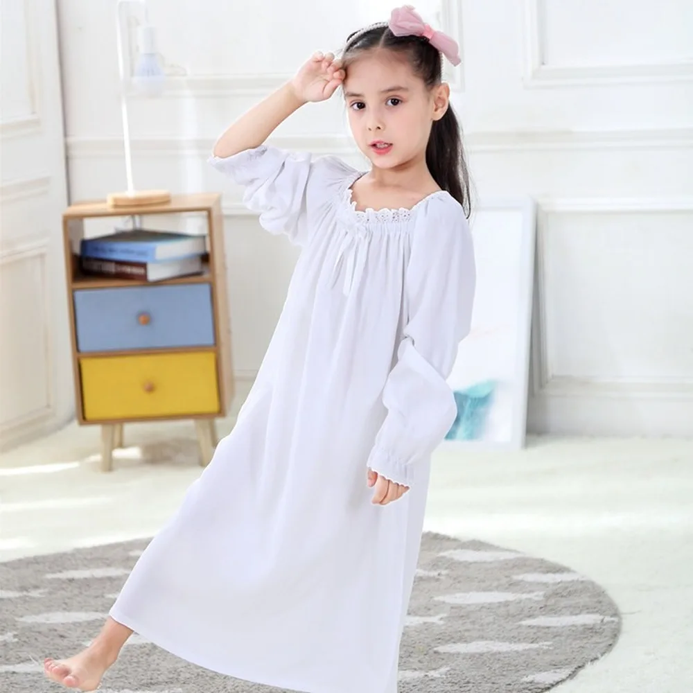 

Girls' White Nightdress Faux Silk Long Sleeve Type Princess Vestidos De Noche Breathable Skin-Friendly kids Girls' Pajamas