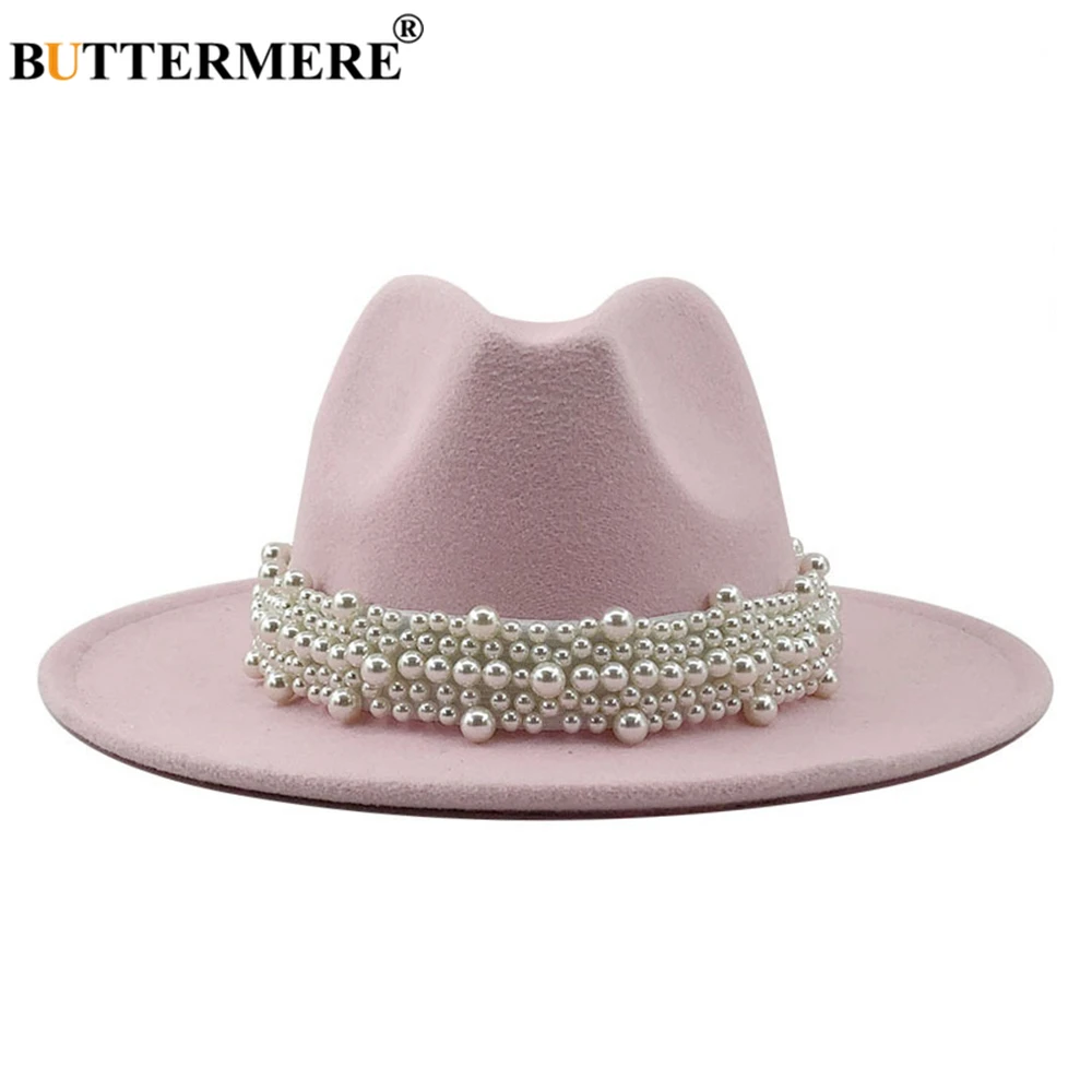 Women Fedora Hat Jazz Casual Pearl Felt 58-61CM