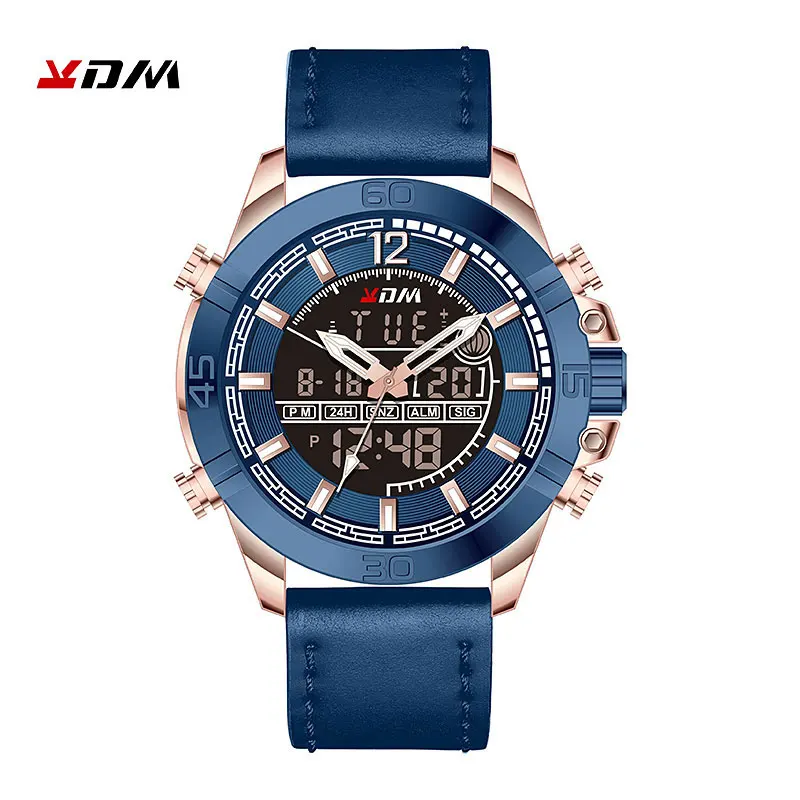 KDM, удобные мужские часы с кожаным ремешком, двойной дисплей, кварцевые, цифровой, сплав, чехол, синий цвет, reloj hombre, высокое качество, мужские наручные часы