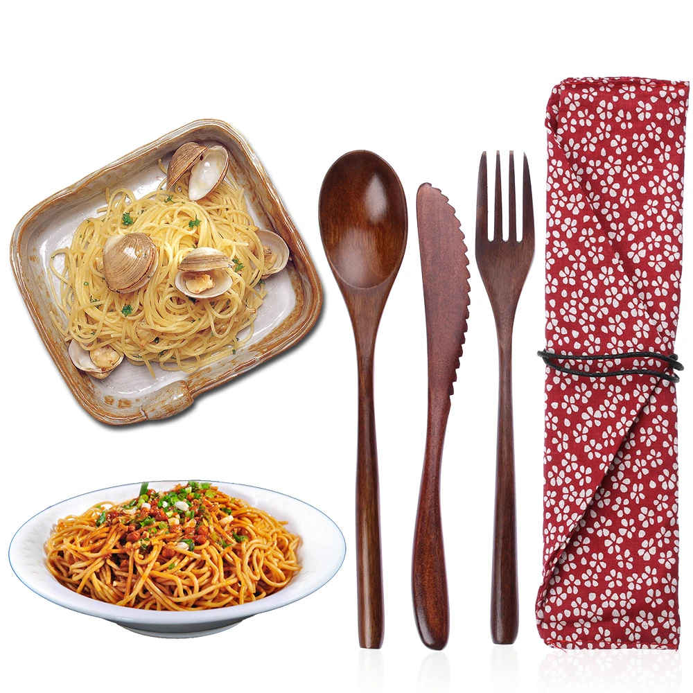 Wooden Cutlery Set Spoon Fork Cutter Reusable Wood Bamboo Flatware With Bag Portable Dinnerware Tableware Student Lunch Supplies picnic cutlery set western style cutlery set camping cutlery set cutlery set wooden cutlery set