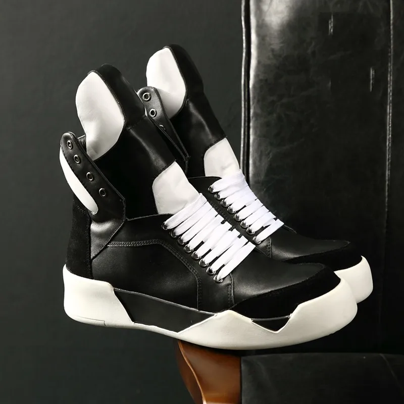 Дизайнерские высокие мужские кроссовки из натуральной кожи; обувь на толстой платформе со шнуровкой; зимние черные и белые повседневные ботильоны в стиле хип-хоп - Цвет: black
