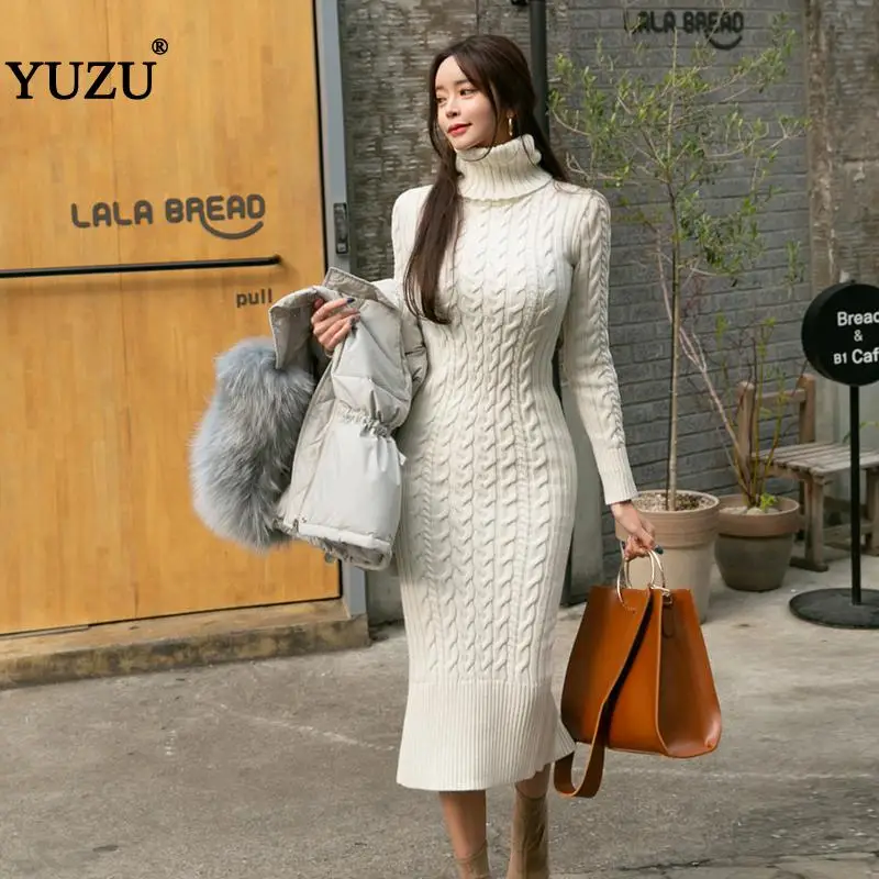 

Rib Knitted Turtleneck Sweater Dress Fall Winter Office Elegant Solid Mid-calf Dresses