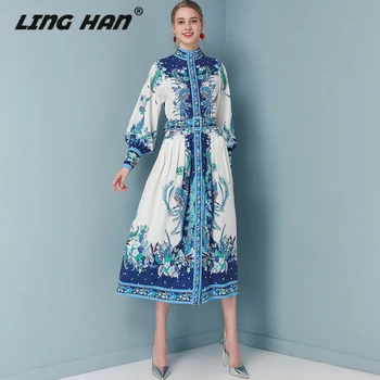 

LINGHAN Vintage Single-breasted Stand Dress Women Fashion Blue Print Lantern Sleeve Elegant Party Midi Dresses Designer New