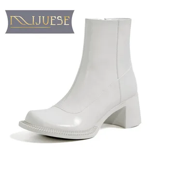 

MLJUESE 2021 women Ankle boots Cow leather winter short plush Round Toe Zipper High heels female Riding boots size 40