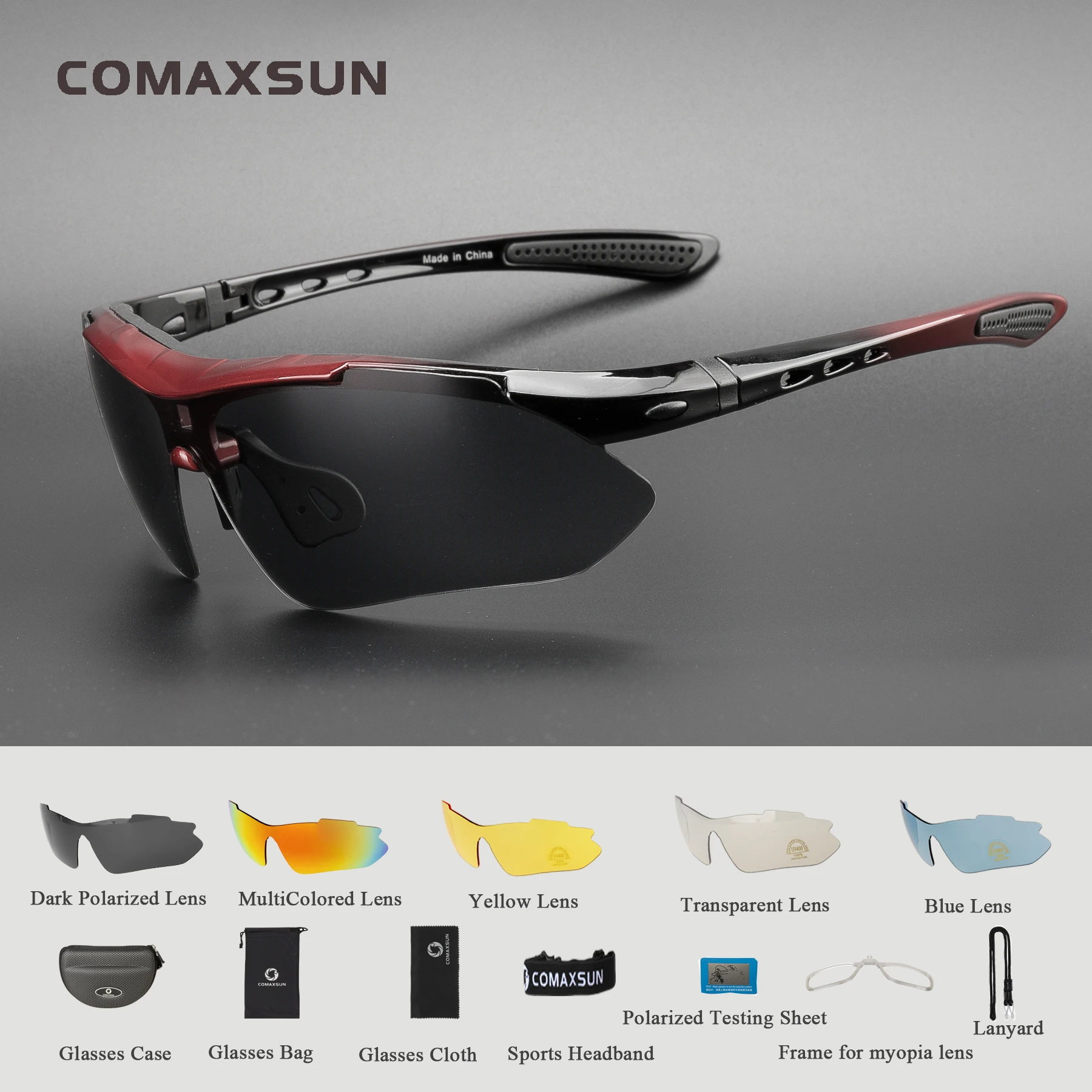 COMAXSUN, Профессиональные поляризованные велосипедные очки, велосипедные очки, для спорта на открытом воздухе, велосипедные солнцезащитные очки, UV 400, с 5 линзами, TR90, 10 цветов