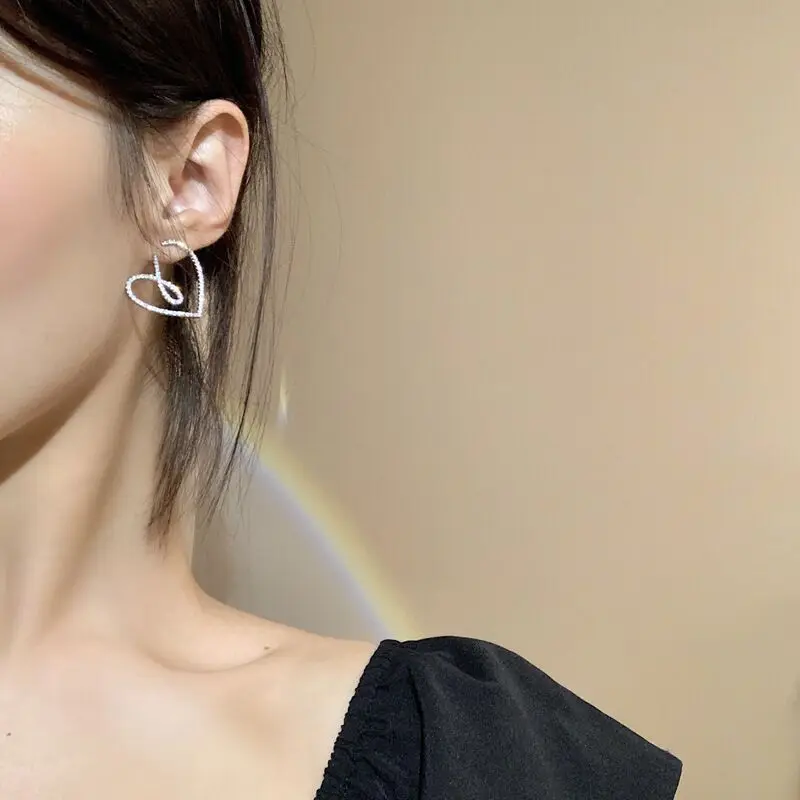 

Big Heart Drop Earrings Asymmetrical CZ Rhinestone Stud Earring for Women