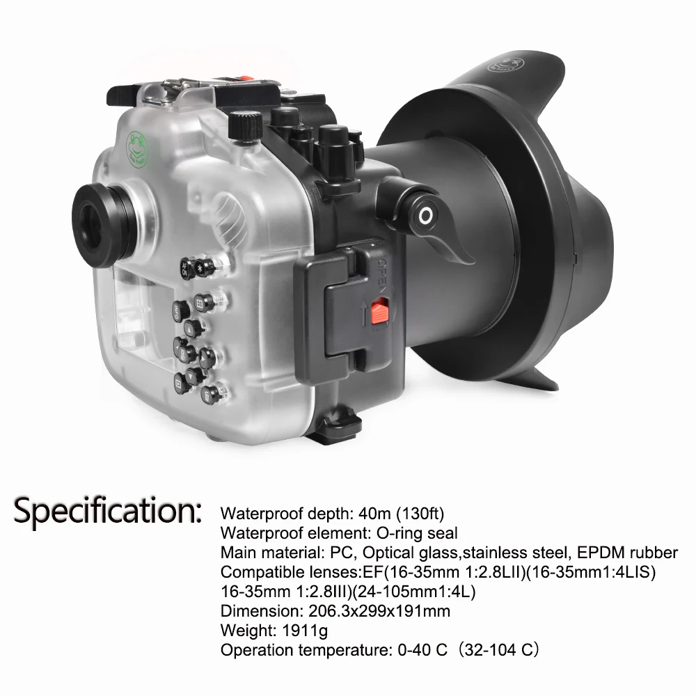 Seafrogs 블랙 방수 카메라 케이스, 돔 포트 포함, 캐논 EOS R 100mm 16-35mm 24-105mm 렌즈용
