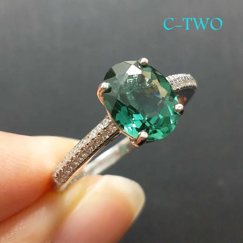 

C-TWO 18 k white gold plated ring with beautiful gemstone oval 7*9 mm in real 925 sterling silver setting