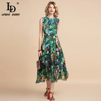 

LD LINDA DELLA Elegant Summer Dress Women's Sleeveless High waist Vintage Animal Jungle Floral Print Elegant Midi Holiday Dress