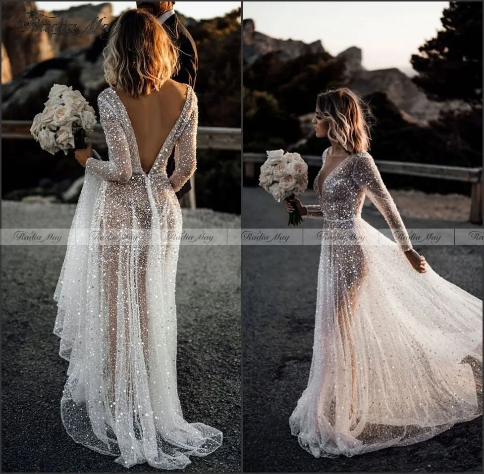 

Sexy Backless Deep V Neck Wedding Dress Bohemian Beaded Sequin Long Sleeves Summer Beach Wedding Gowns Boho Bridal Dresses 2020