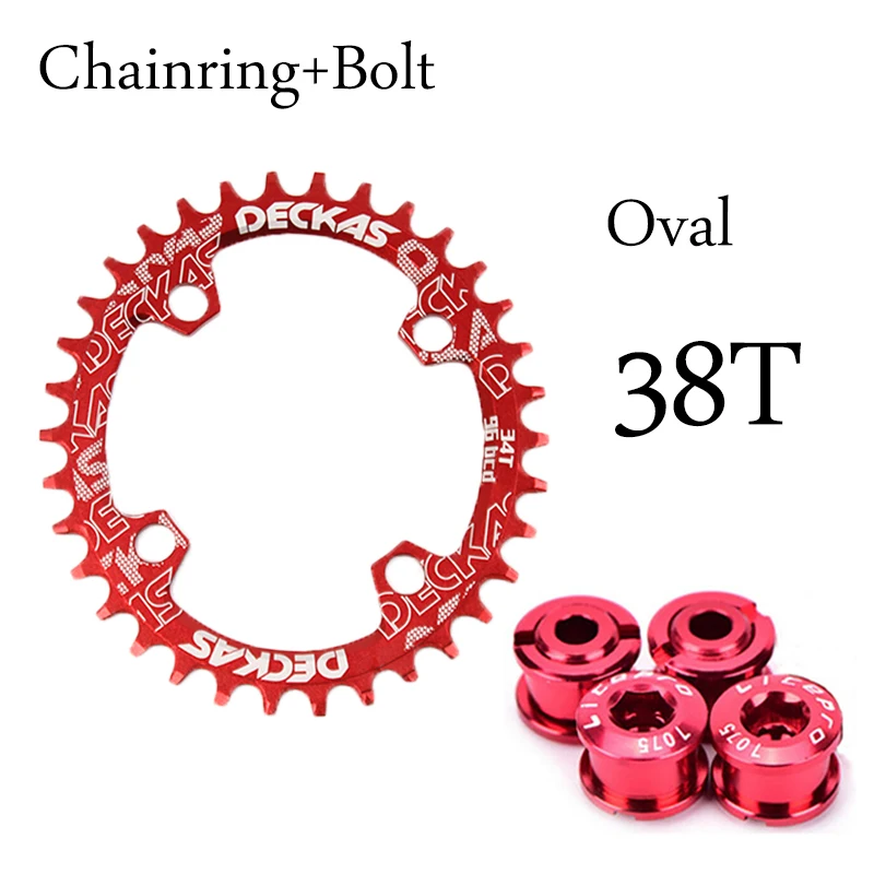 Oval-Red-38T-bolts Deckas MTB узкая широкая цепь овальная 96BCD круглая горная велосипедная цепь кольцо дорожная велосипедная Звездочка 32 T/34 T/36 T/38 T Shimano Deore - Цвет: Oval-Red-38T-bolts