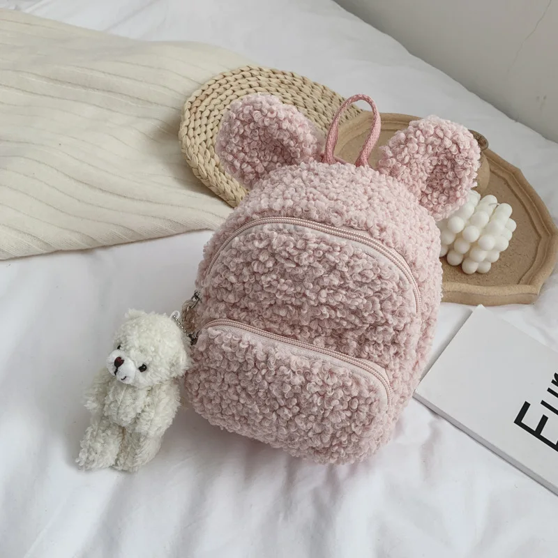 Bear ear-pink Корейская Детская сумка г. Осень-зима, новая сумка через плечо, простая плюшевая сумка через плечо с кроликом, Студенческая сумка для мальчиков и девочек - Цвет: Bear ear-pink