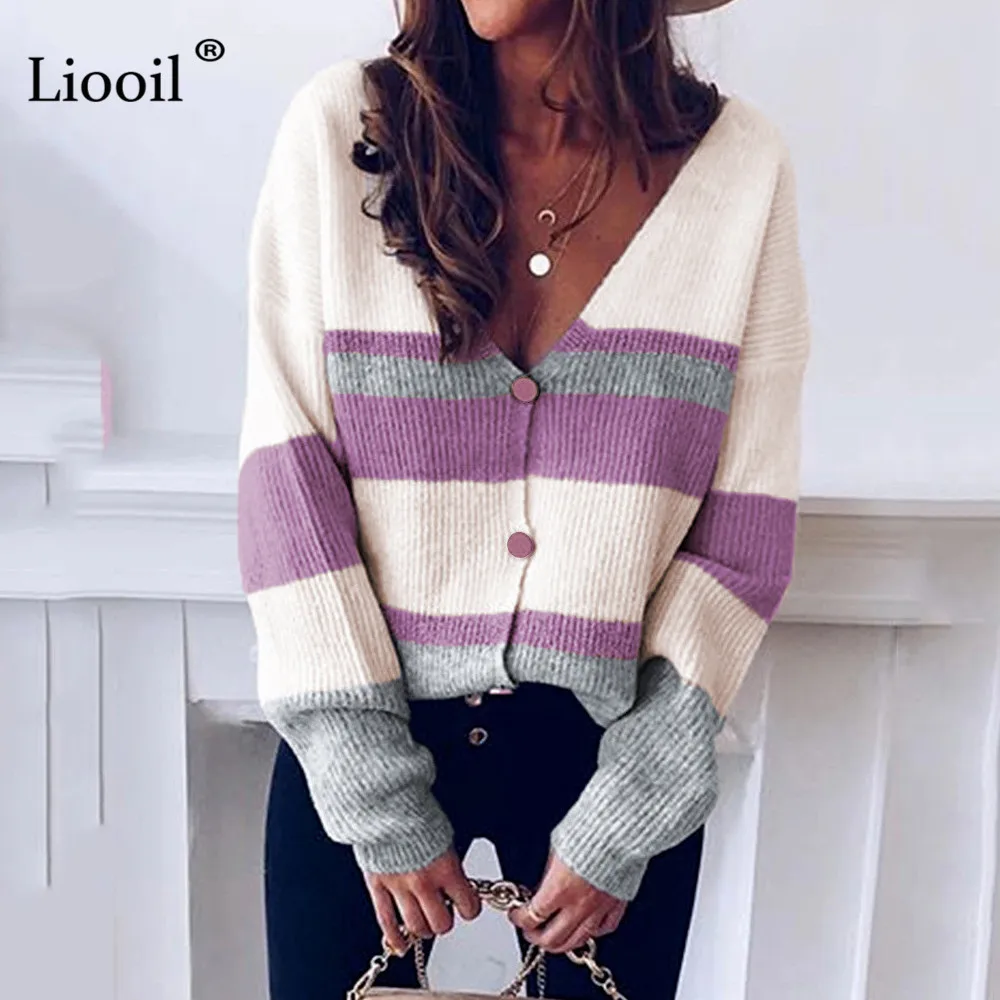 

Liooil Knit Striped Patchwork Sweater Cardigan Women 2020 Color Block Long Sleeve Button Up V Neck Ladies Casual Loose Coats