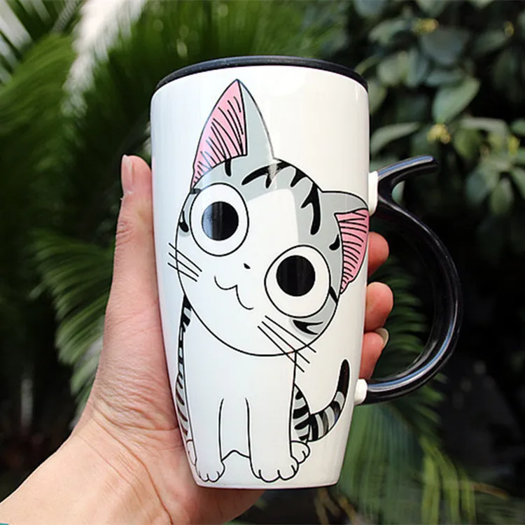 Милая кошка керамическая кружка с крышкой мультфильм молоко кофе чай чашки животных керамические кружки детский подарок большой емкости 600 мл - Цвет: yaotou