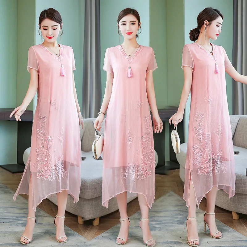 

2019 Summer New Style Elegant Ethnic-Style V-neck Short Sleeve Loose-Fit Slimming Mid-length Dress
