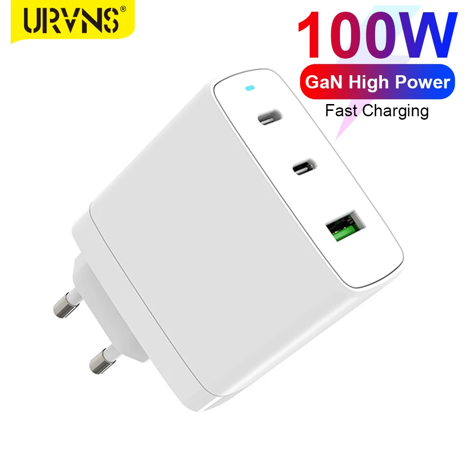 

URVNS 100W Quick Charger 3 Port USB C Wall Charger [GaN Tech], USB-C QC PD 3.0 Power Adapter for iPhone 12, MacBook Pro, Laptops