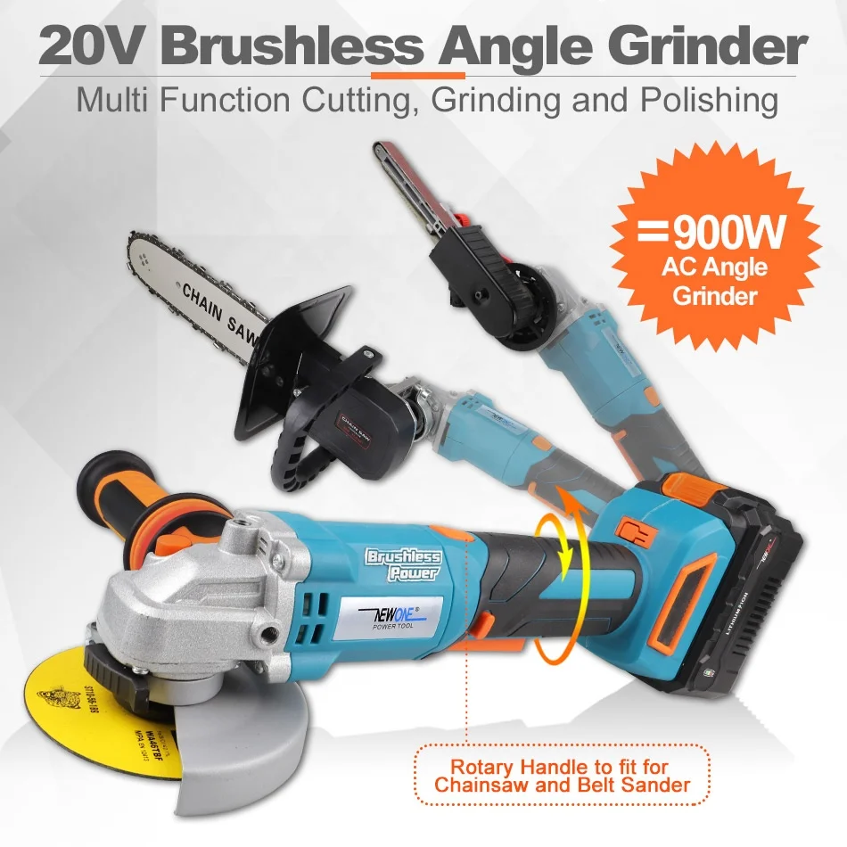 NEWONE 20V Liion Cordless Angle Grinder 900W Brushless Motor Anti