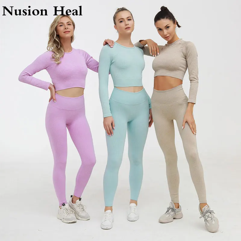 

2 Pcs Sports Yoga Set Women Long Sleeve Seamless Top High Waisted Tummy Control Sport Leggings Gym Ombre Seamless Sport Suit