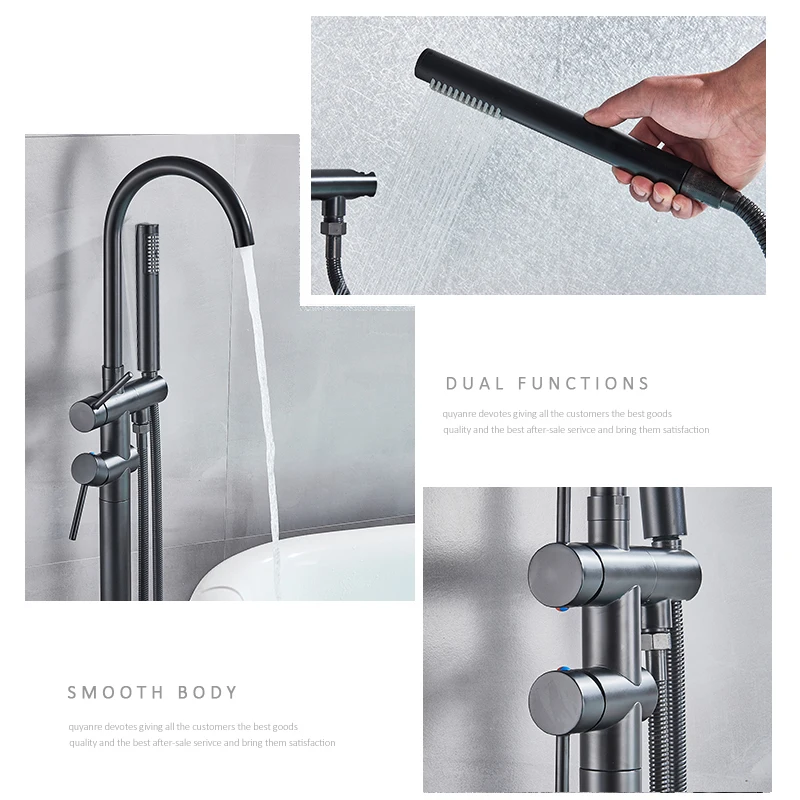 Bathtub Faucet Quyanre Black Bathtub Floor Stand Faucet Mixer Single Handle Mixer Tap 360 Rotation Spout ABS Handshower Bath Shower