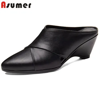 

ASUMER 2020 new arrival genuine leather shoes women pumps pointed toe comfortable fashion wedges shoes summer mules shoes woman