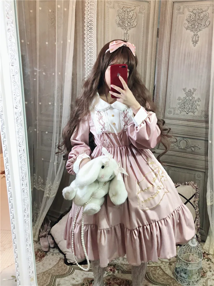 Год Ангел Готический стиль Женская Лолита цельное платье с длинными рукавами Пышное рукав Питер Пэн воротник вельветовое платье один кусок - Цвет: Розовый